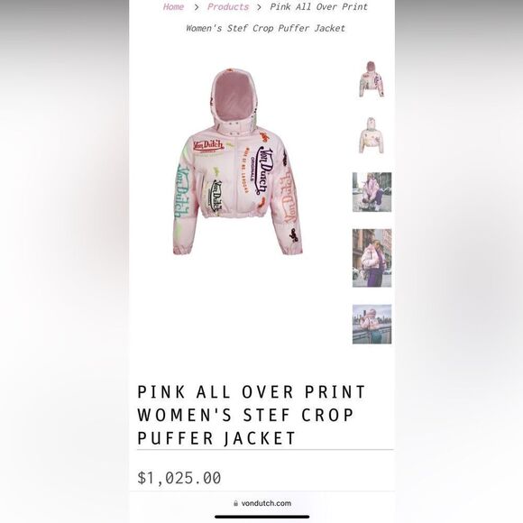 VON DUTCH PINK ALL OVER PRINT WOMEN'S STEF CROP PUFFER JACKET - Picture 4 of 5